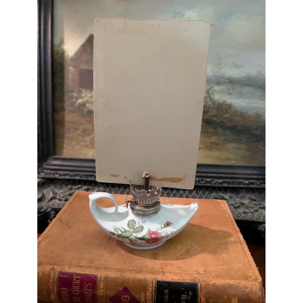 Vintage Porcelain Floral Oil Lamp with Ephemera 3x5